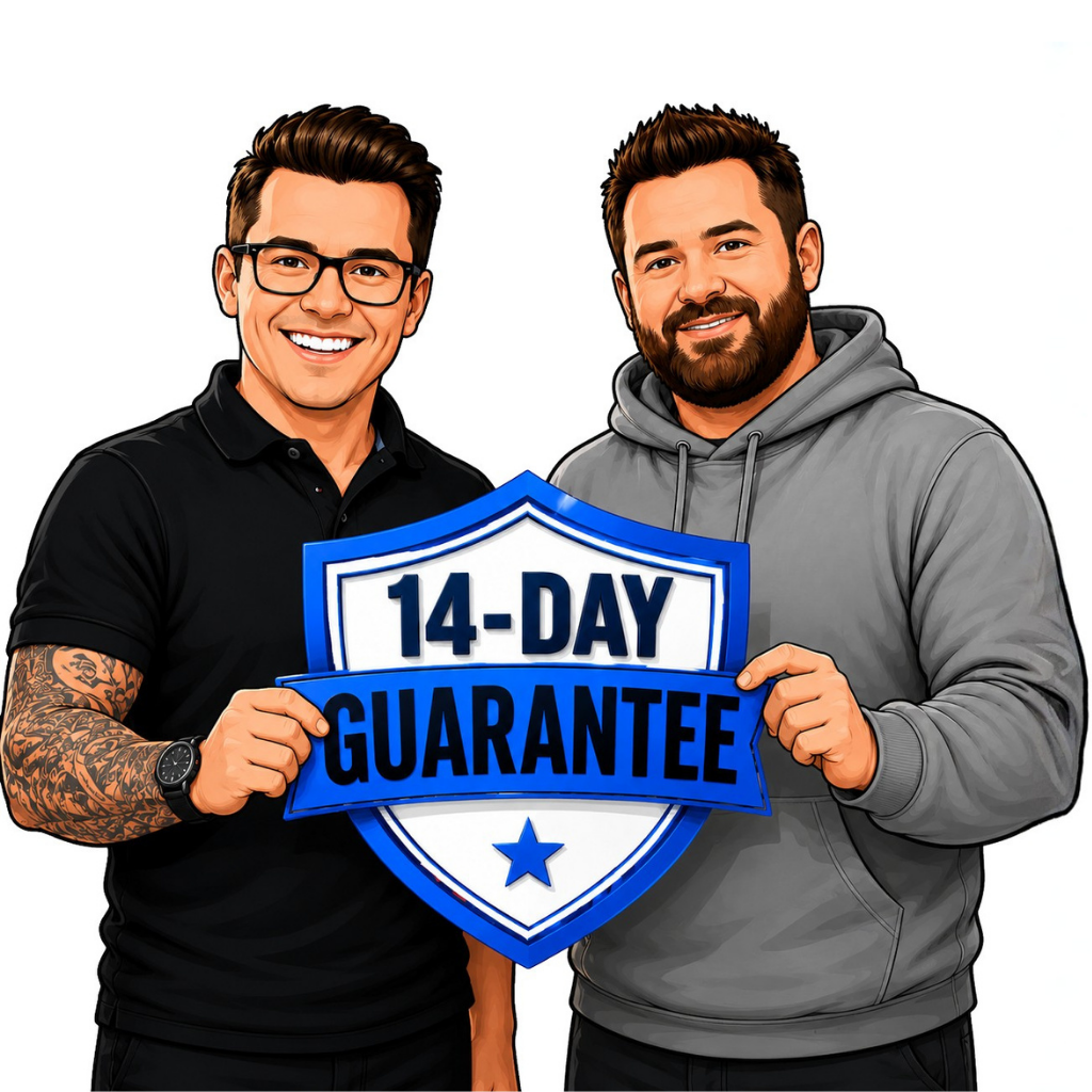 Matt and Ben holding a 14-day guarantee shield