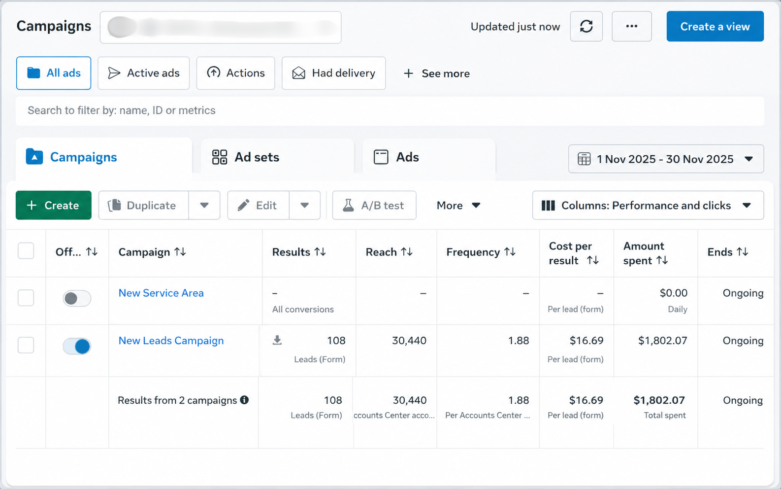 Meta Ads dashboard, Nov 2025