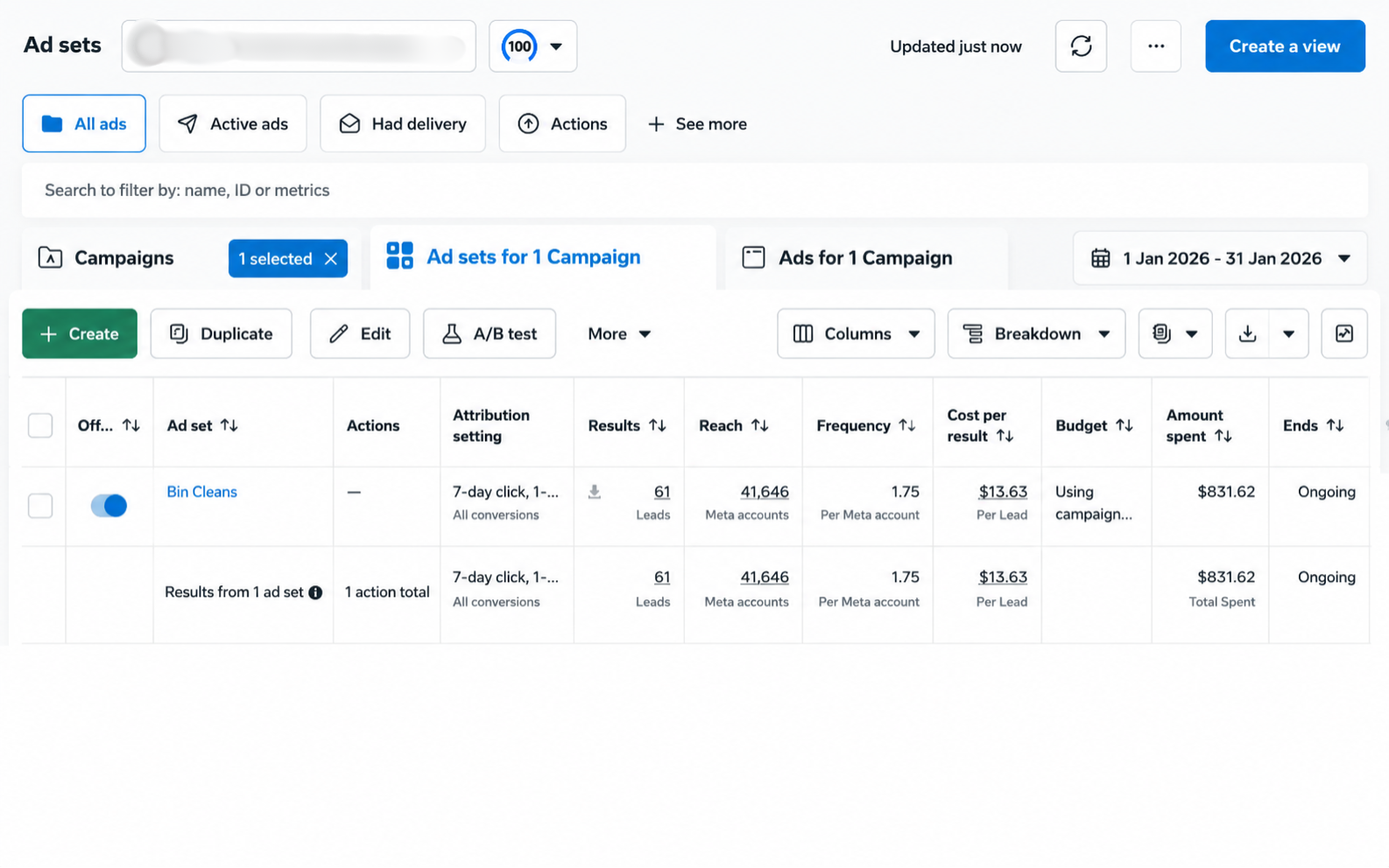 Meta Ads dashboard, Jan 2026